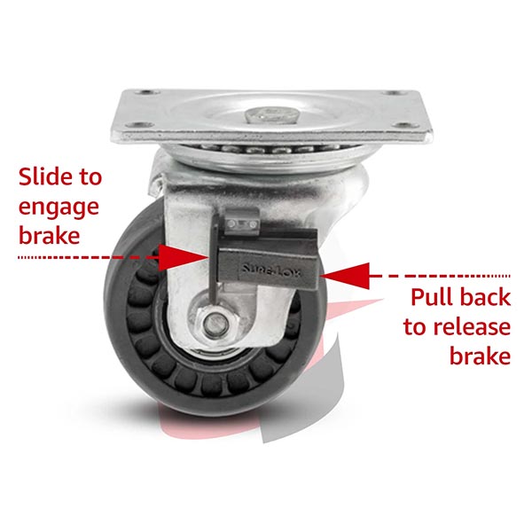 Caster with arrows pointing out where to engage and release the brake 
